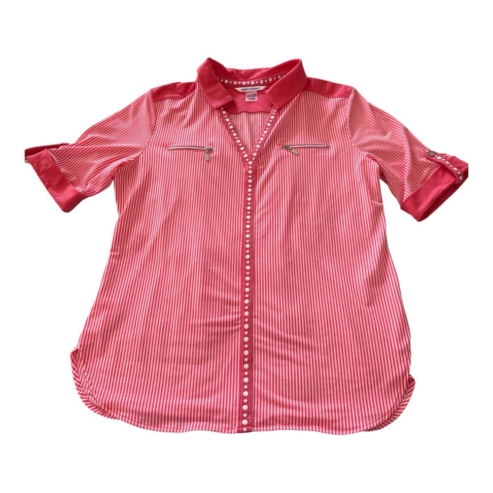 Nygard Top Blouse Tunic Women Petite M Striped Pink White 3/4 Sleeve Stretch - Picture 6 of 14